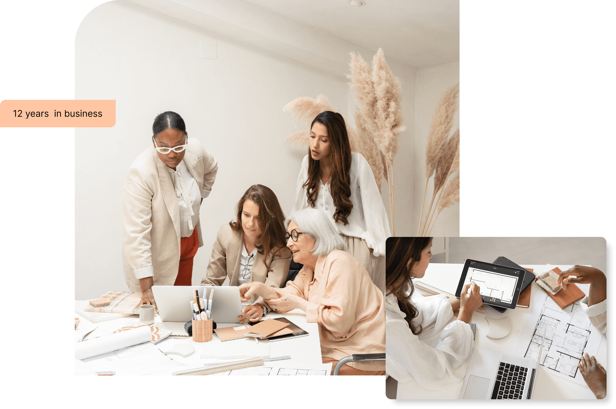 Women architects collaborating over design plans in a modern office, with architectural drawings and tools on the table. coupled with Close-up of architectural floor plans on a tablet and printed drawings with hands pointing to details.