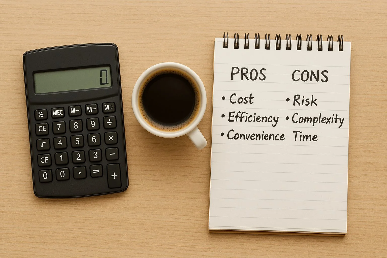 Calculator, coffee cup, and notepad with handwritten pros and cons, representing thoughtful decision-making.