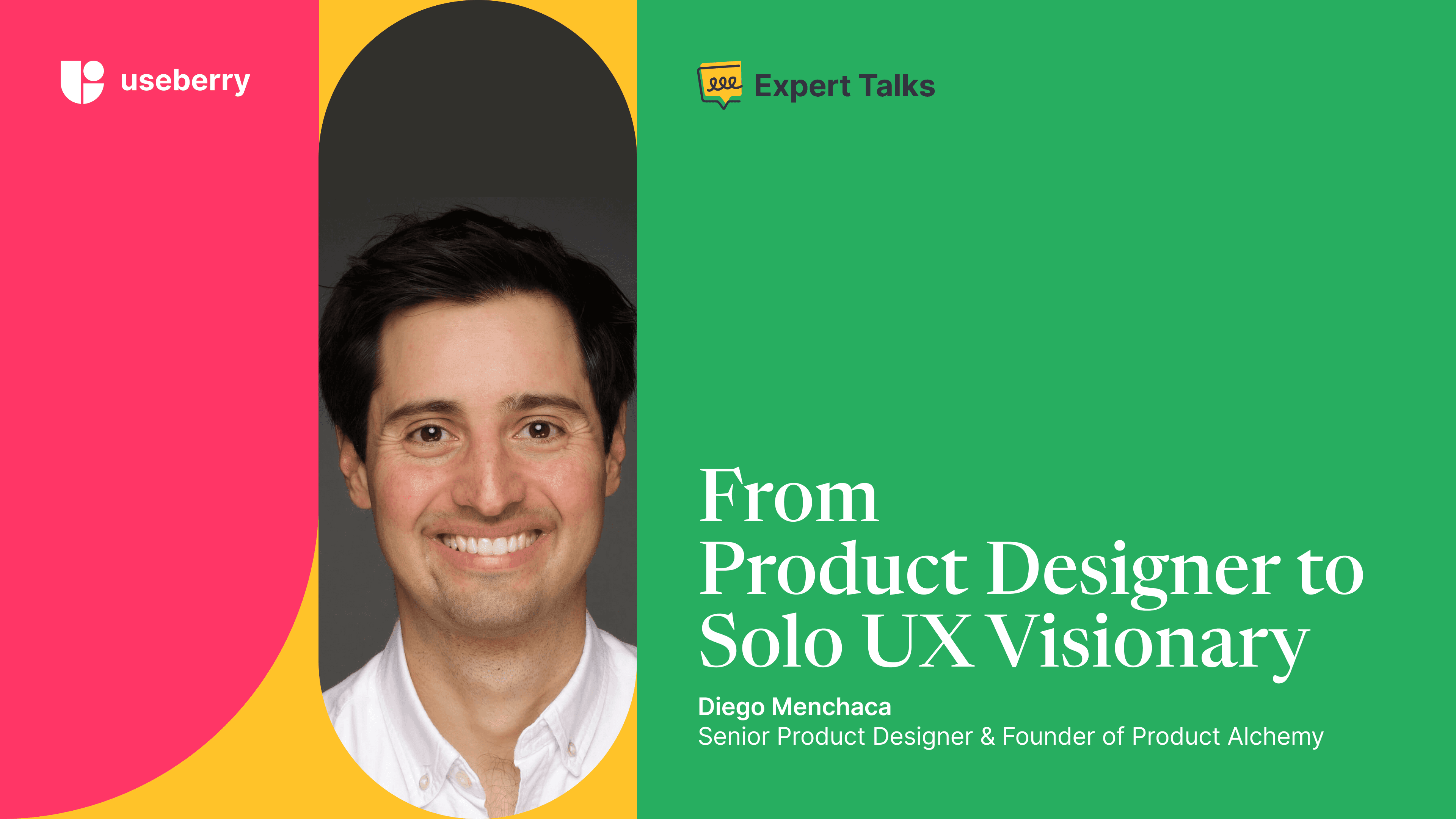 Cover images showing our interviewee, his details, title of the interview and a quick teaser about the topic which is design and UX research