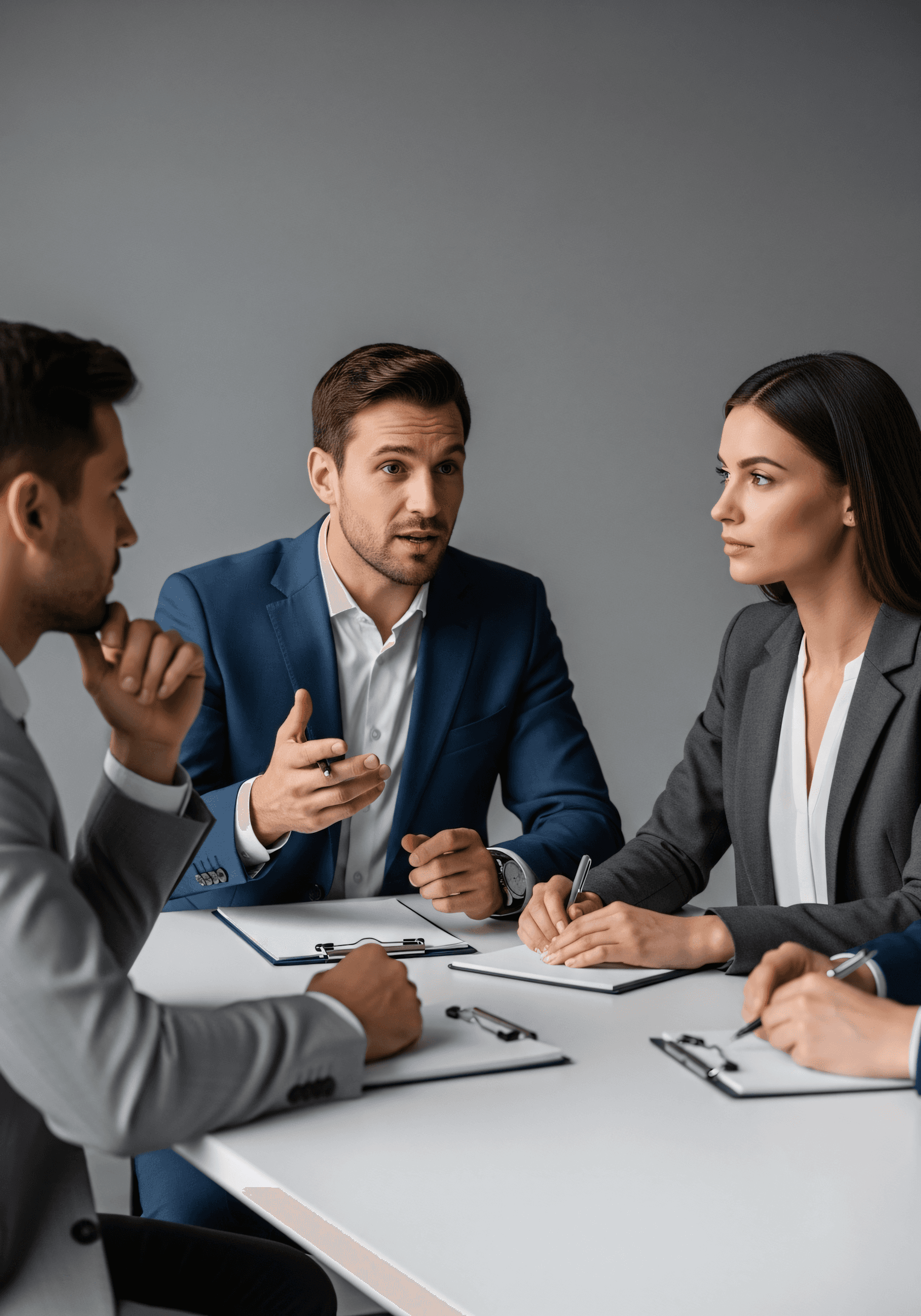A diverse team collaborates around a table, analyzing documents and charts in a professional setting with a light green background.