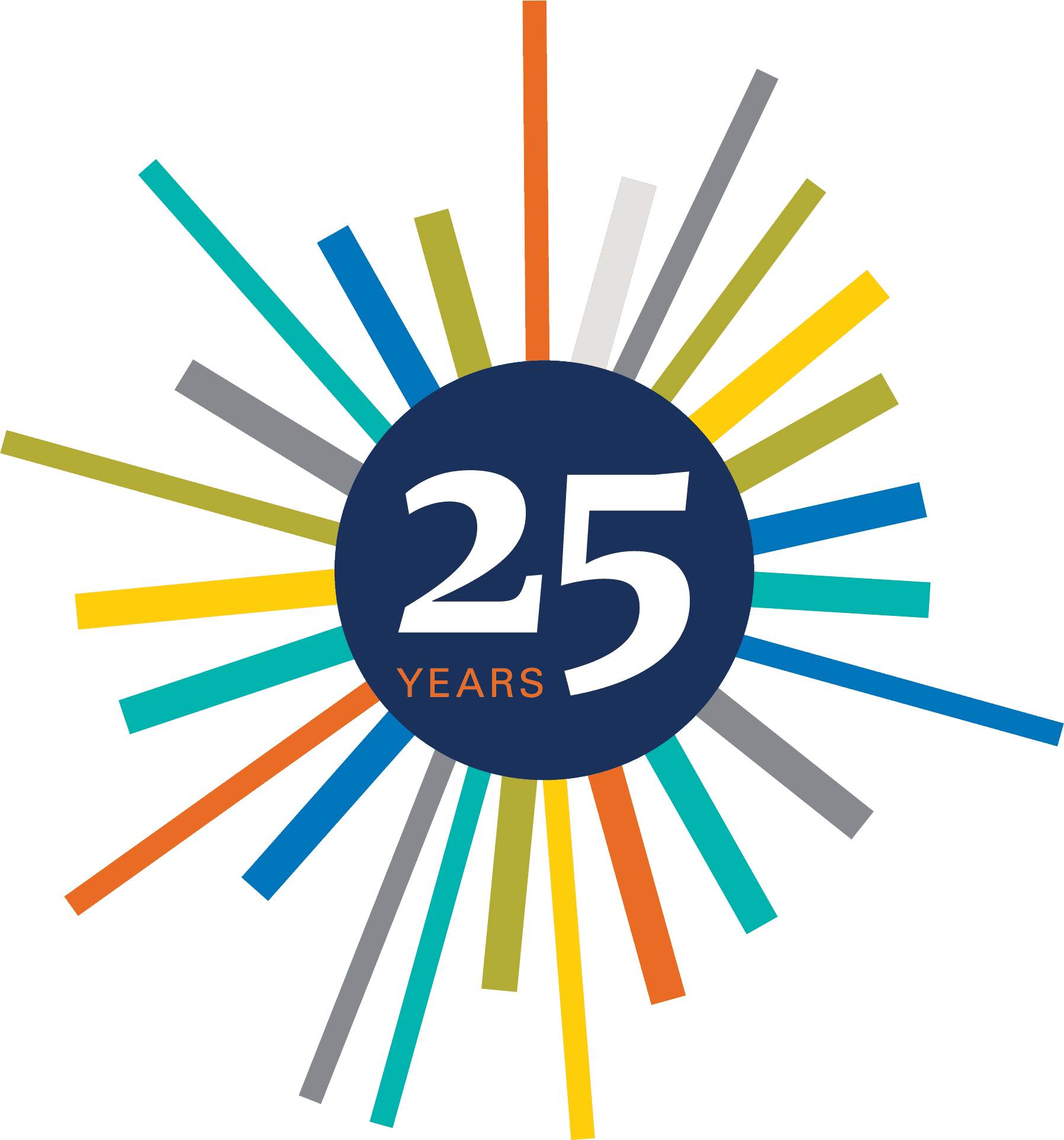 Logo featuring the number 25 at the center, surrounded by colorful rays representing celebration or achievement.
