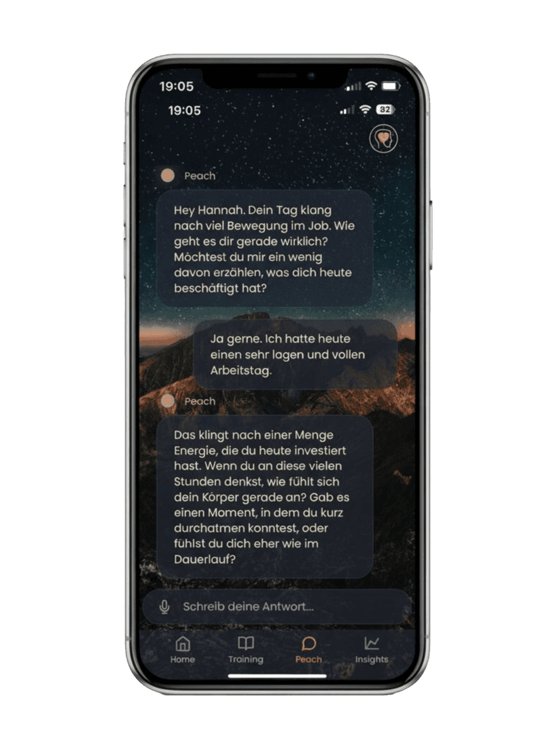 Screenshot des Chats aus Peach, dem persönlichen mental Coach und einem App nutzenden, der MindElevate nutzt.