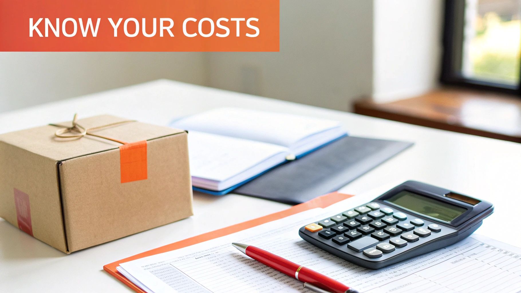 A desk with a shipping box, calculator, pen, and documents, highlighting business cost management.
