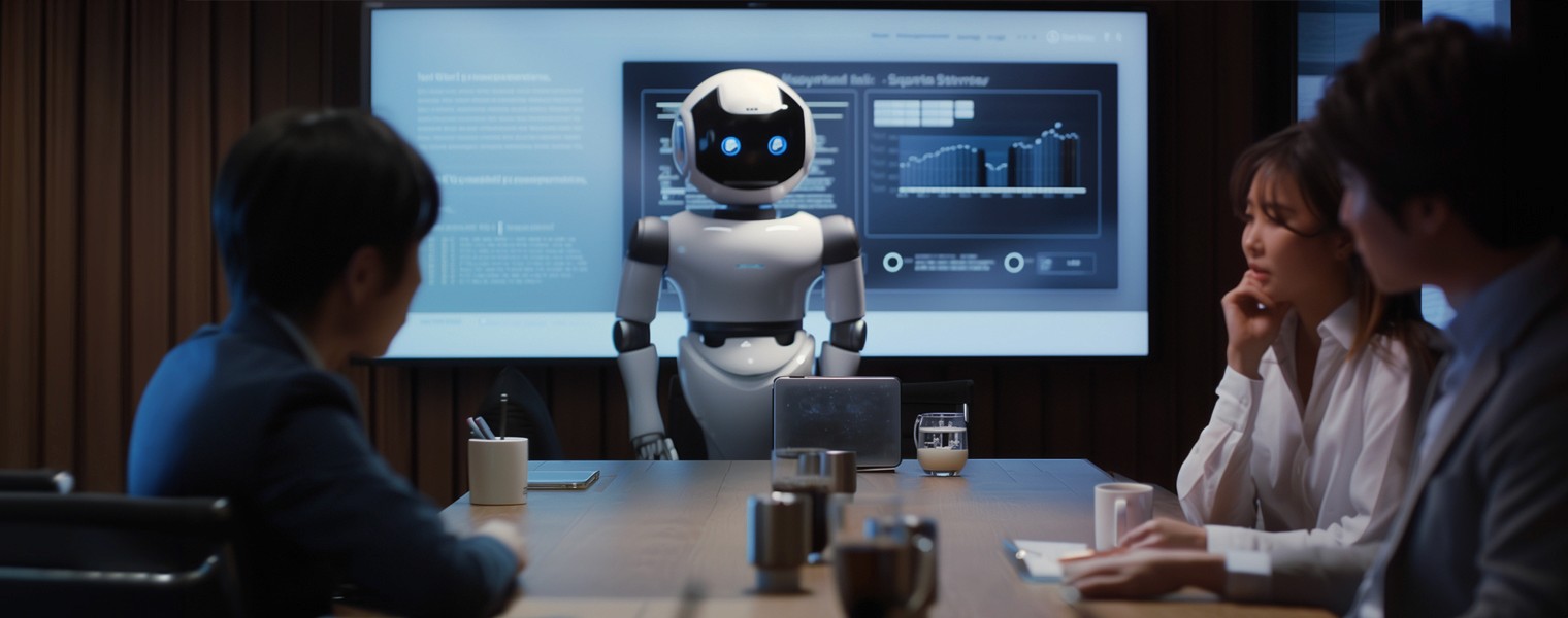 A robot watches a high-tech contract management work session.