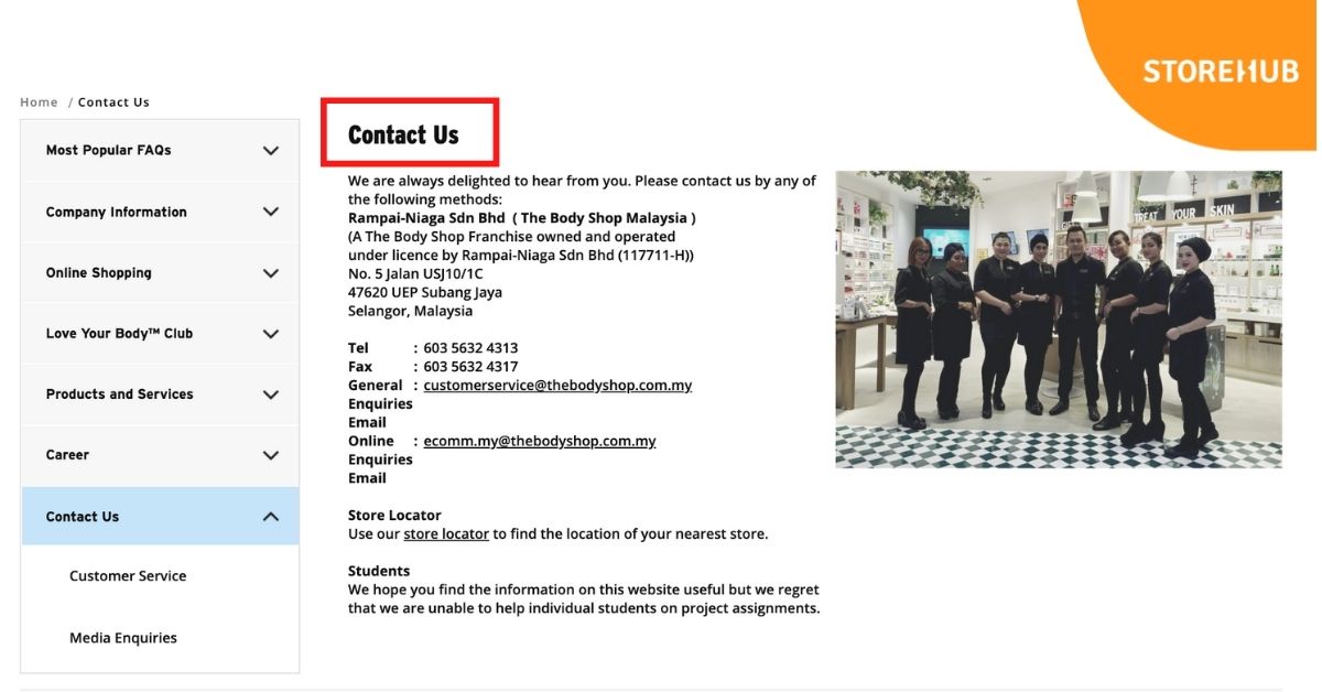 Contact information of an online business