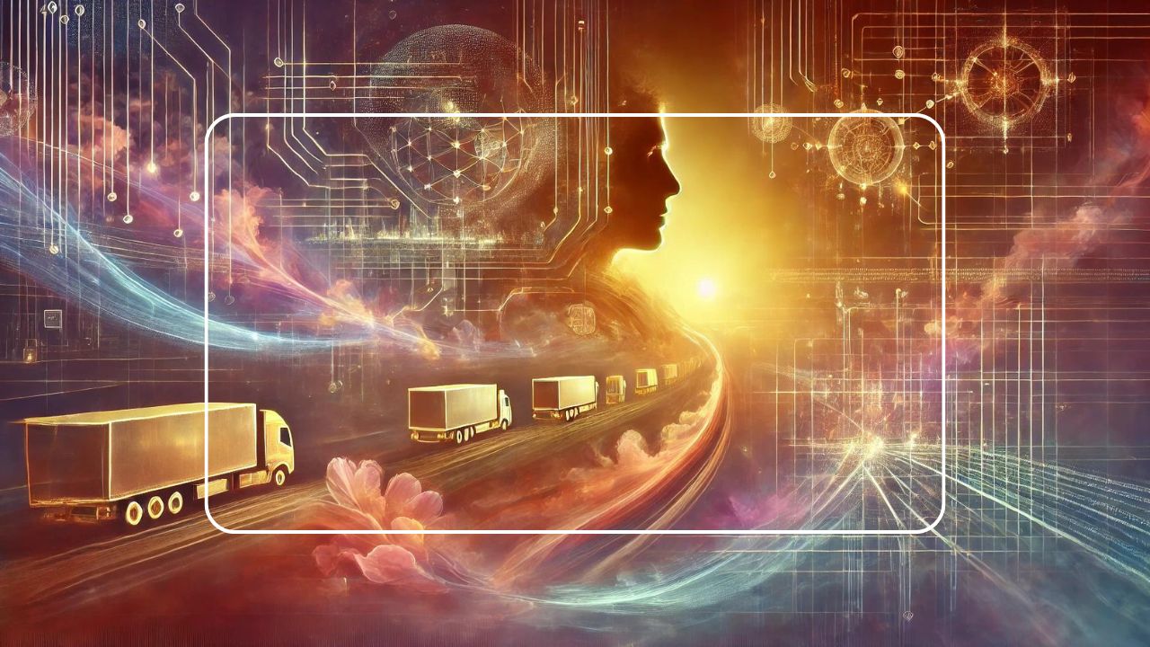 Abstract artwork of trucks on a digital highway with a human profile and futuristic circuit patterns