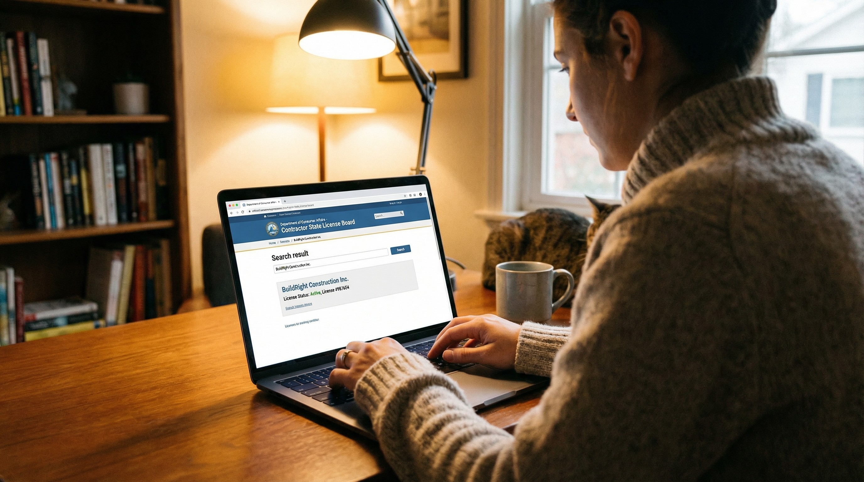 A homeowner checking a roofing contractor's credentials online.