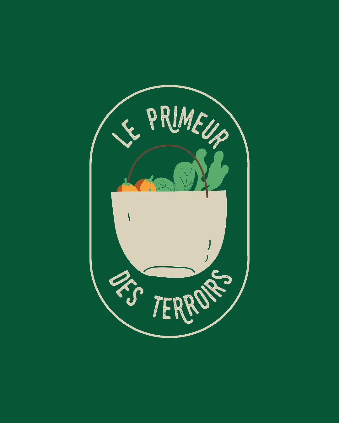 Logo badge Le Primeur des Terroirs sur fond vert forêt — version principale de l'identité visuelle pour primeur bio et local sur les marchés d'Occitanie, créée par Tartelette Concept