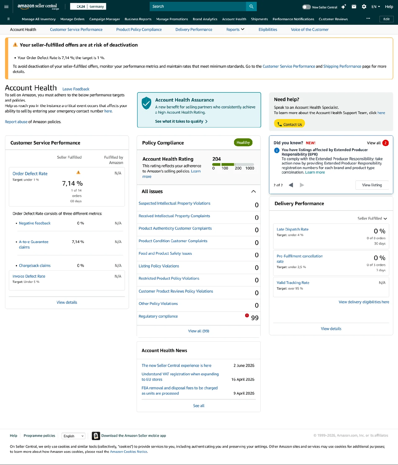 Tack24 Germany account health before remediation