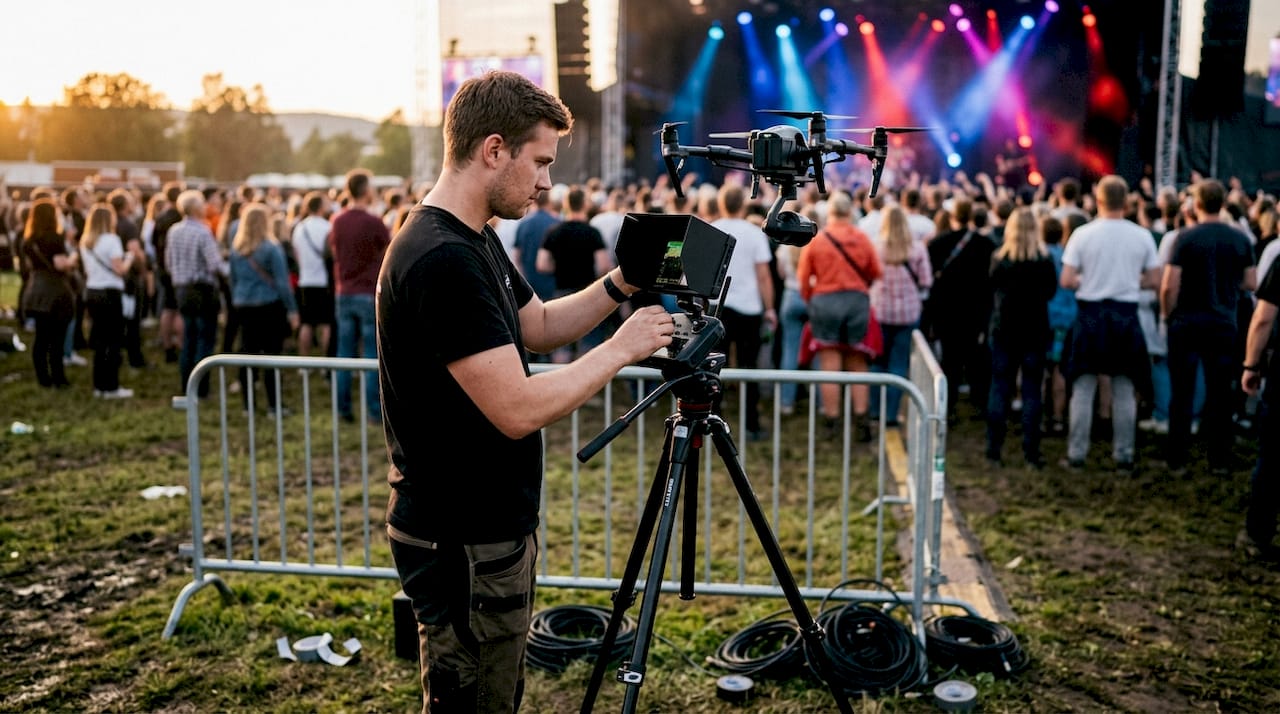 En tekniker klargjør droneutstyr ved siden av scenen før konserten starter.