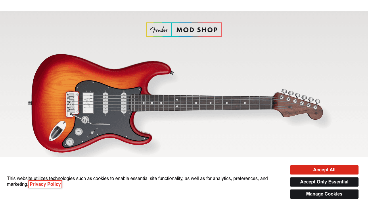 Fender Mod Shop — the guitar is decomposed into 5 separate .glb files (body, fingerboard, neckplate, shadowplane, background), all rendered via Babylon.js.