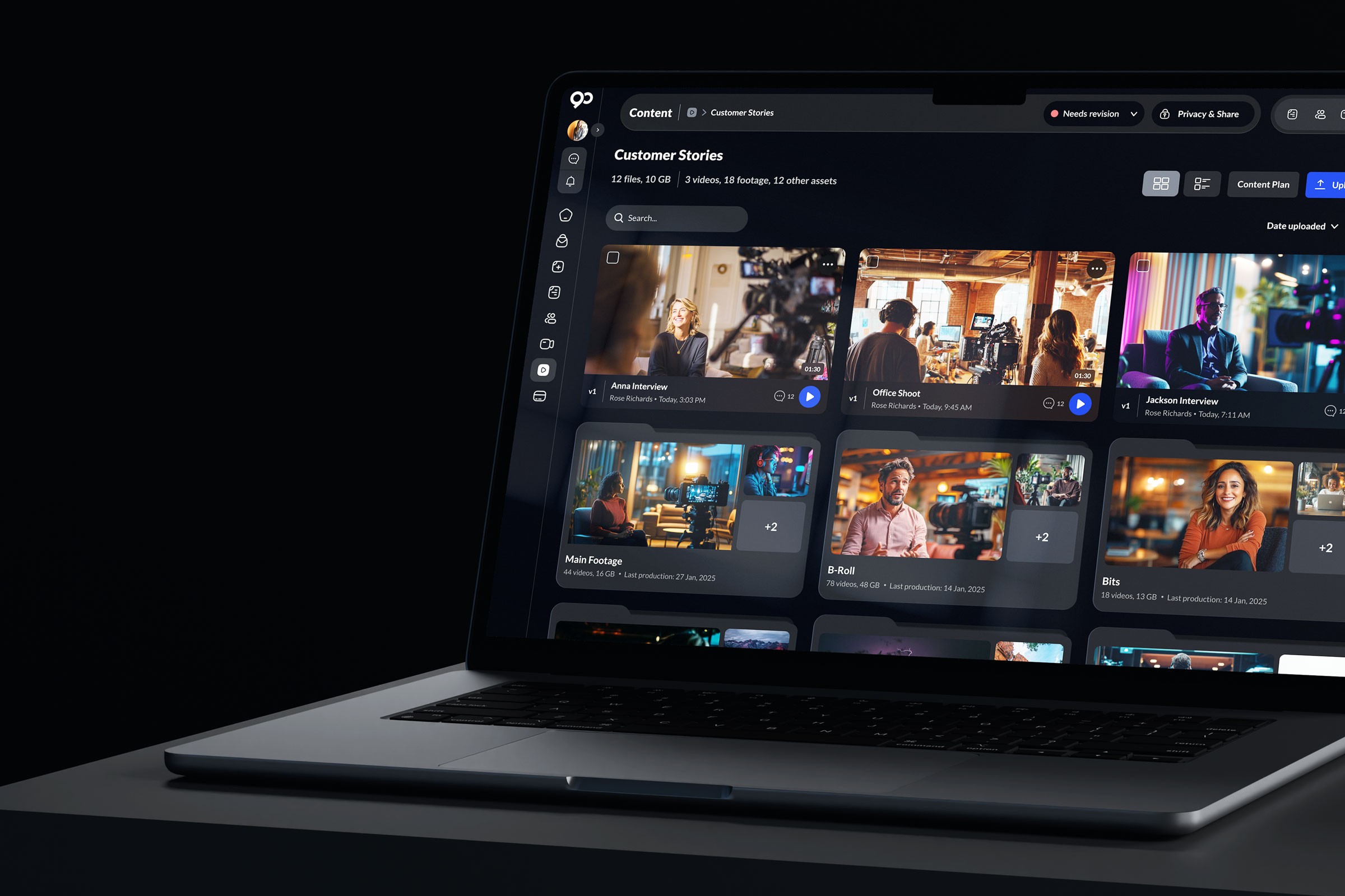 Laptop displaying customer stories, showcasing videos and user content on a digital interface.