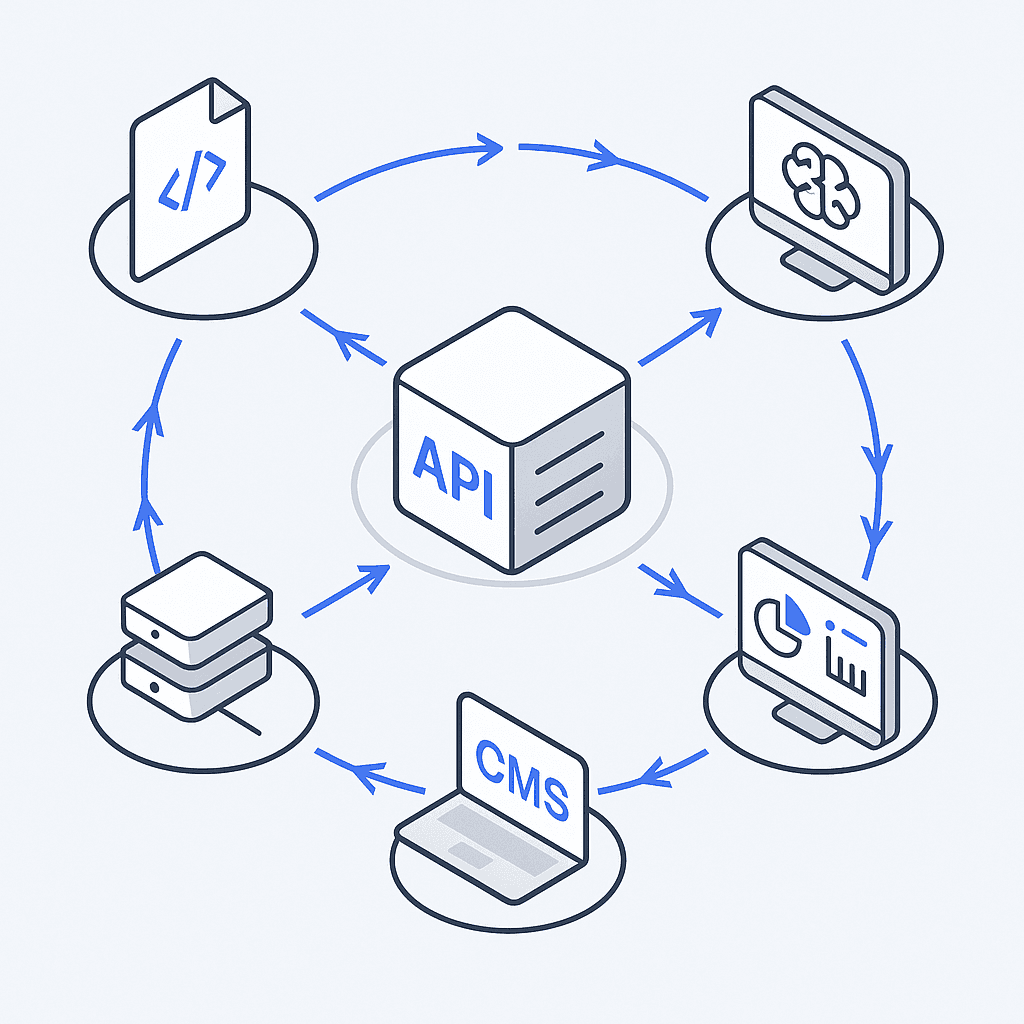Flow diagram of API-first SEO platform connecting central API hub to CMS, CI/CD, BI dashboards and AI monitors