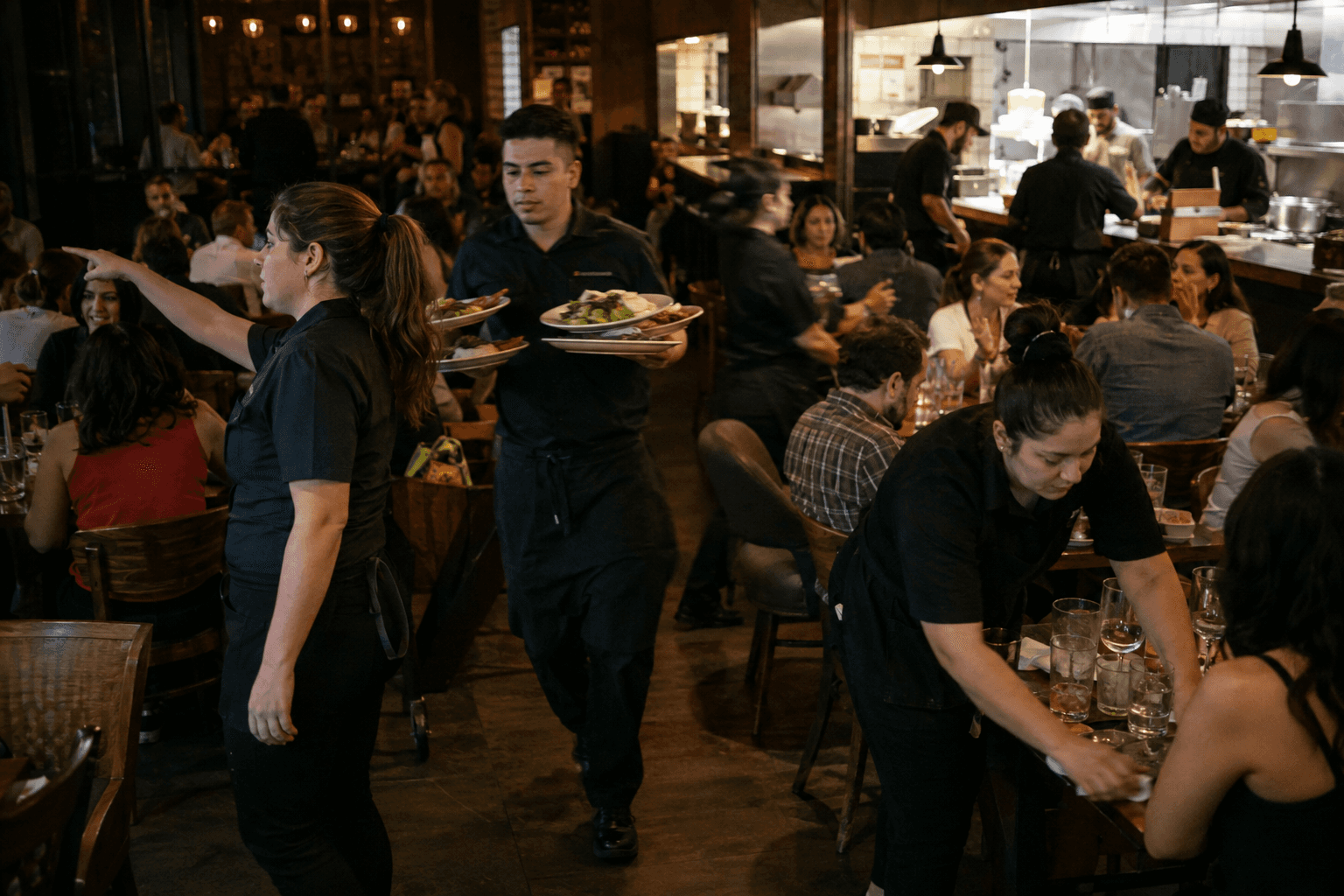 Restaurant staff coordinating through a packed dinner service