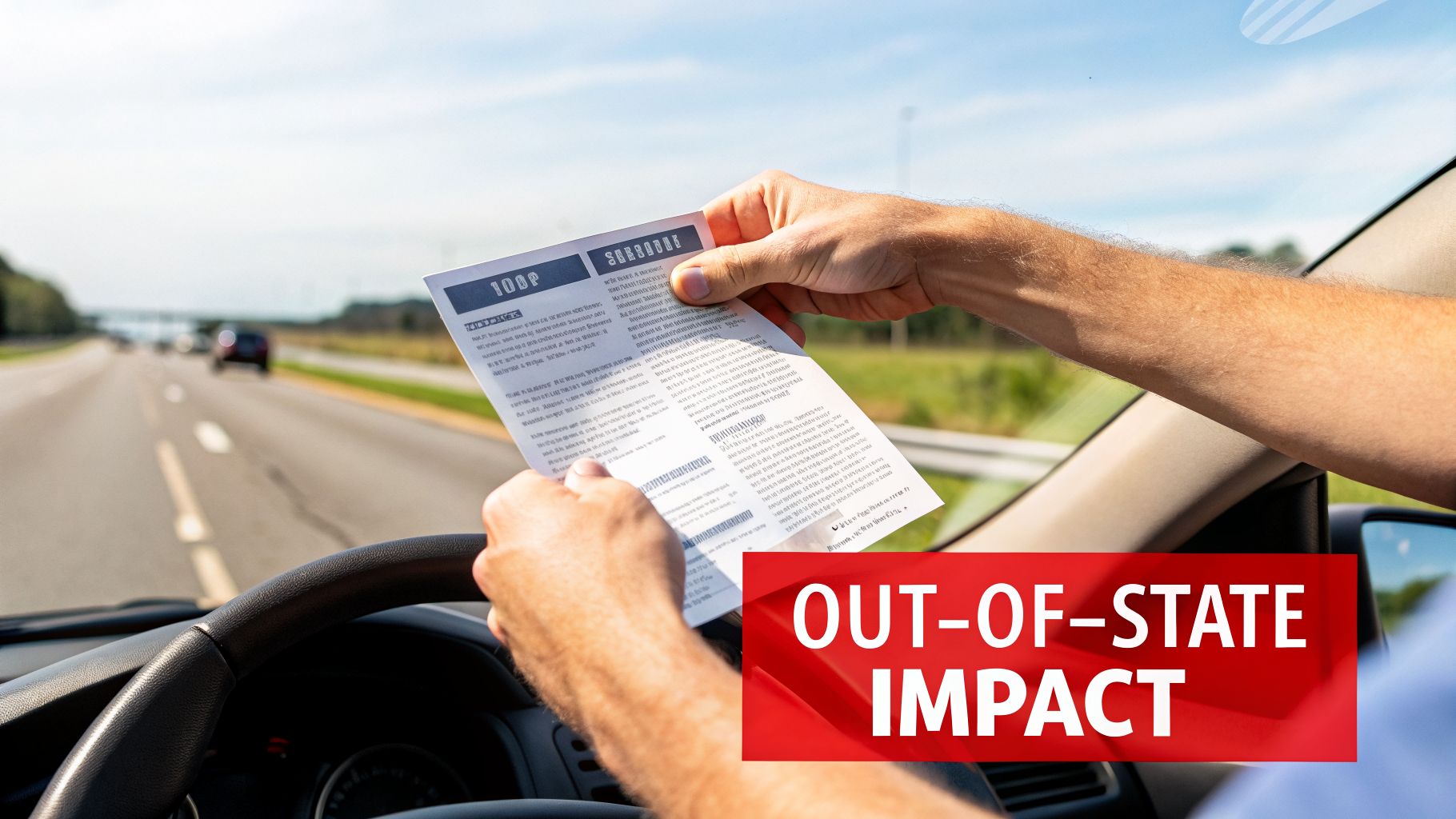 Driver's hands holding an out-of-state ticket or notice inside a car on a highway.