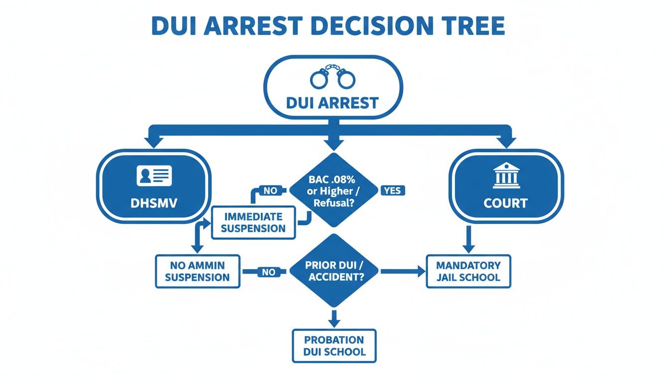 Flowchart detailing the DUI arrest decision process, including immediate suspension, DHSMV, court, and school.