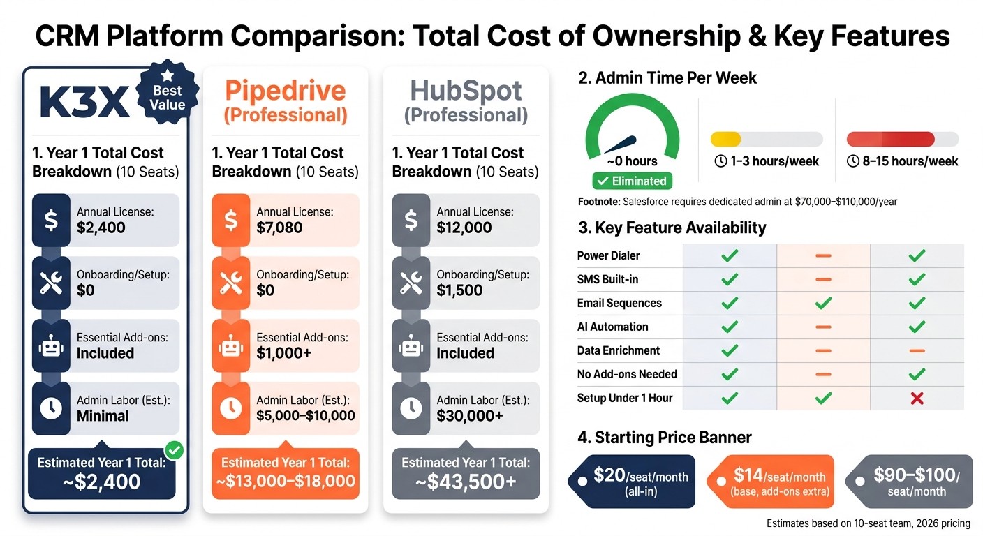 K3X vs Pipedrive vs Legacy CRMs: Total Cost & Feature Comparison 2026