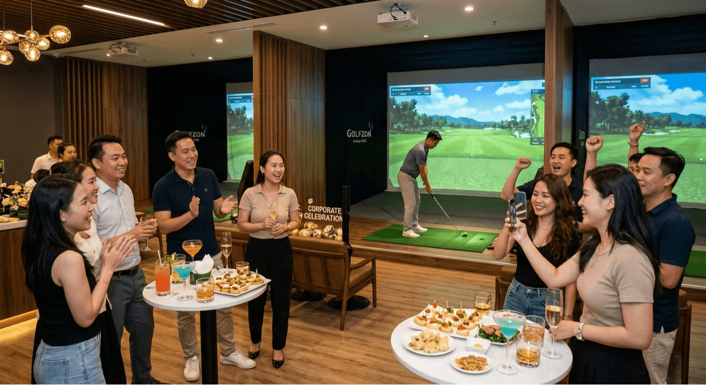 Group of people celebrating and enjoying indoor golf with drinks in a modern lounge