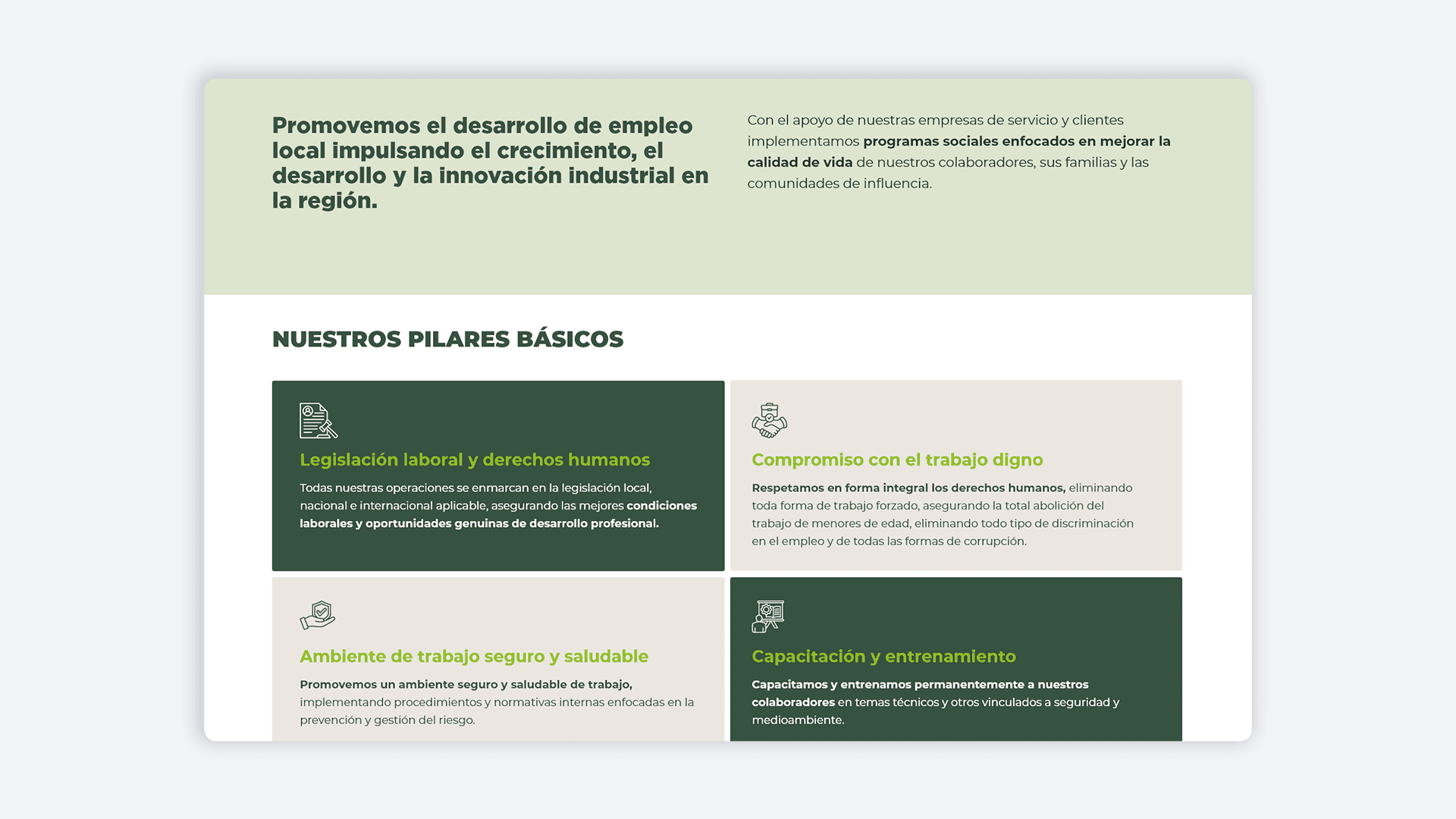 Diseño modular sobre pilares organizacionales: desarrollo del empleo, entorno seguro, derechos y capacitación.