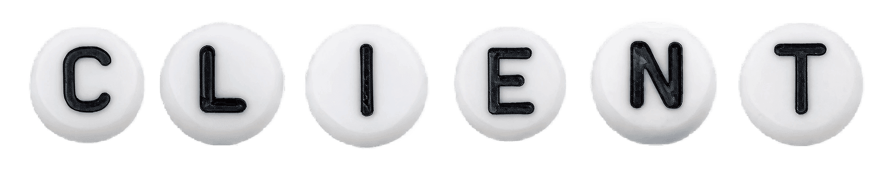 White, round candies each featuring a black letter, spelling the word "CLIENT" with a heart symbol at the end, on a plain background.