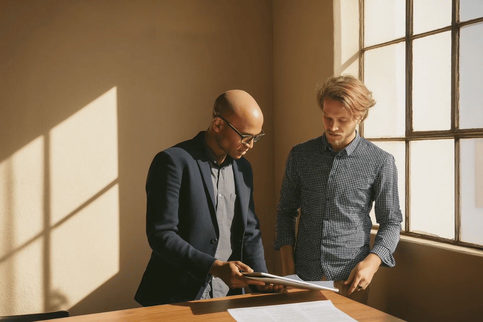 Two men reviewing documents together by a large window, with sunlight streaming in.