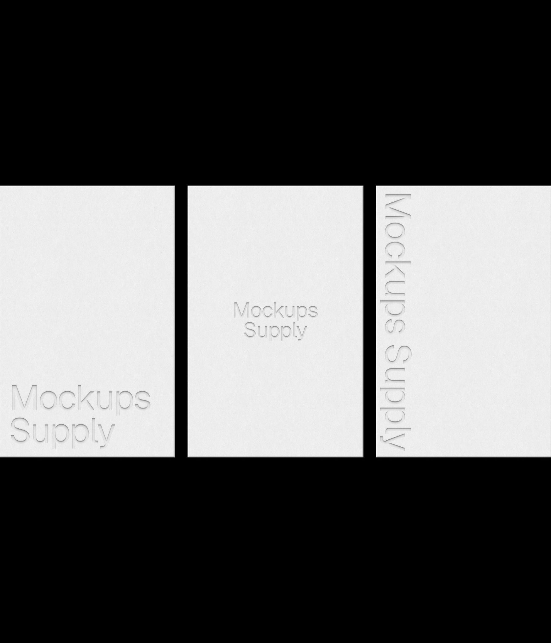 3 European business cards mockup for Photoshop with debossed text effect, white cards on black background, minimal branding and stationery presentation