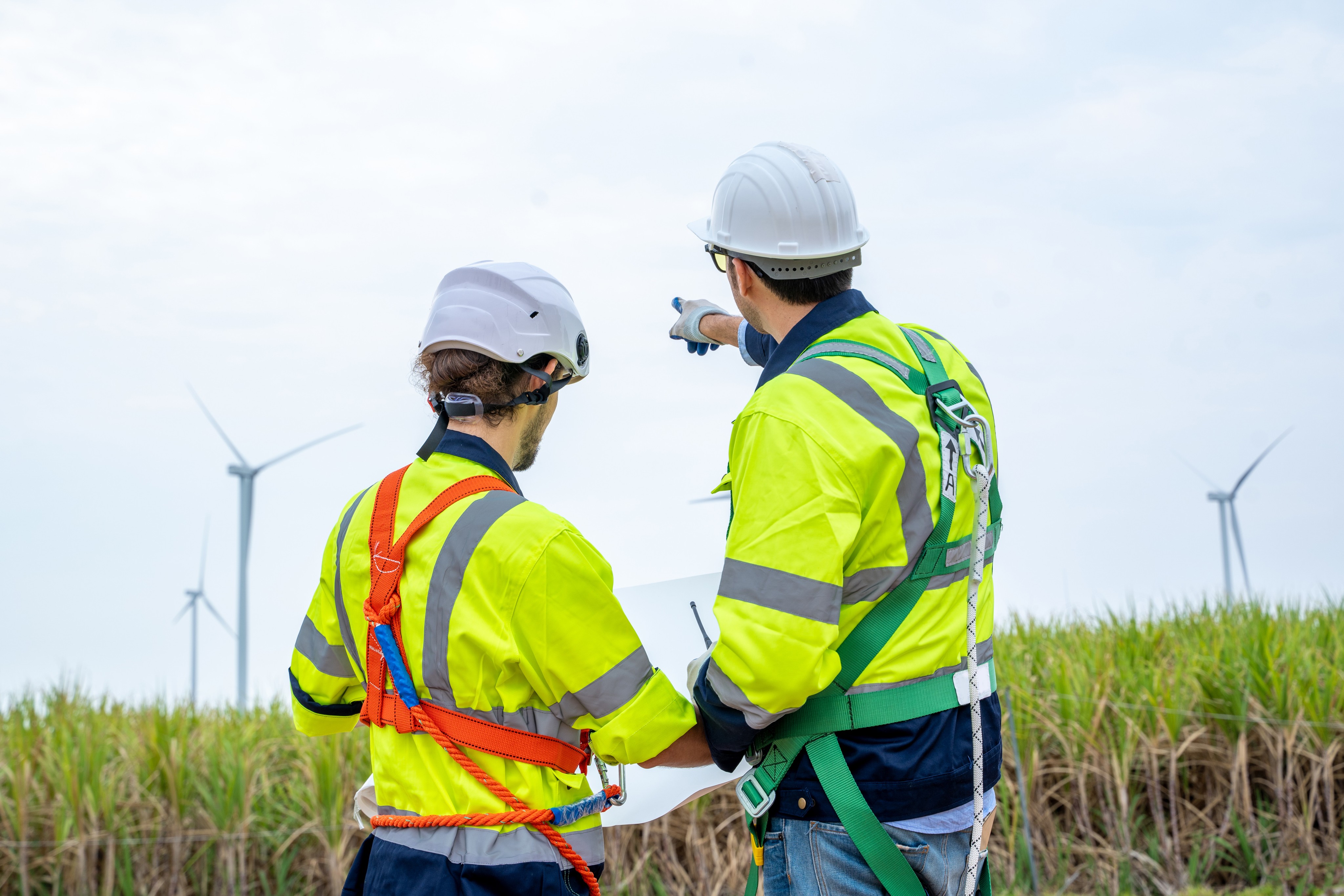 a woman and a man in high vis jackets pointing at a windmill