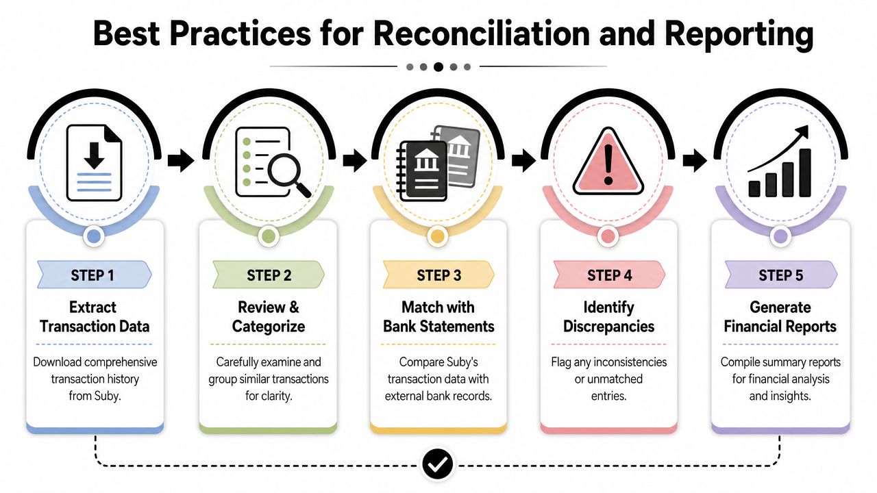 A five-step infographic showing best practices for financial reconciliation and reporting, from data extraction to generating reports.