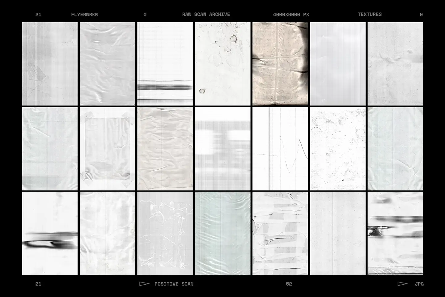 Grid display of positive white textures from Raw Scan Archive featuring scanned paper and plastic materials