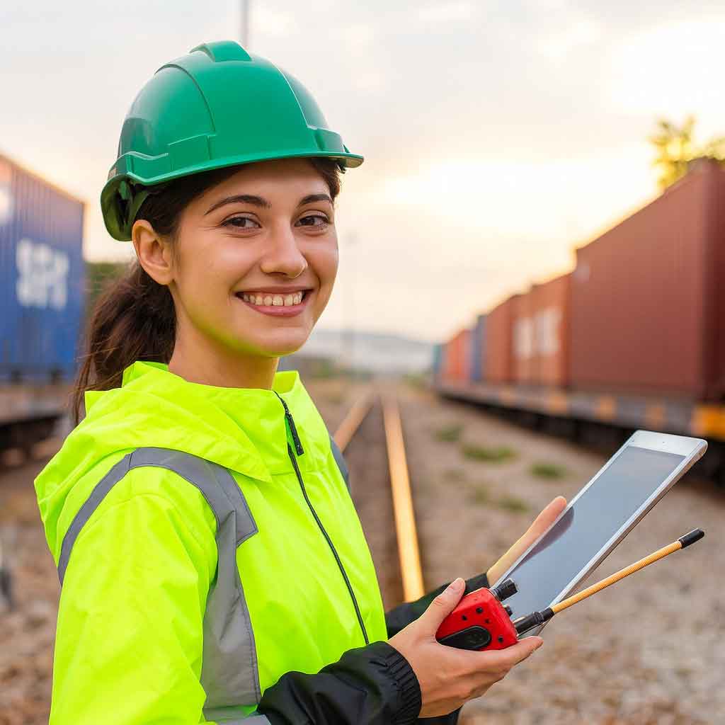 Молодий спеціаліст логістики з рацією на фоні вагонів
