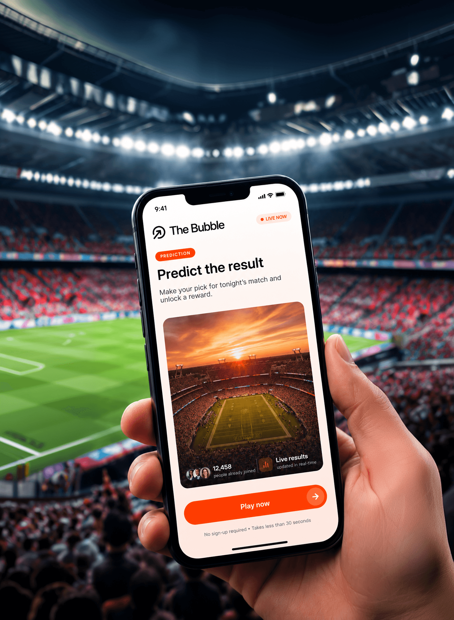Fan holding a phone with a live stadium prediction experience