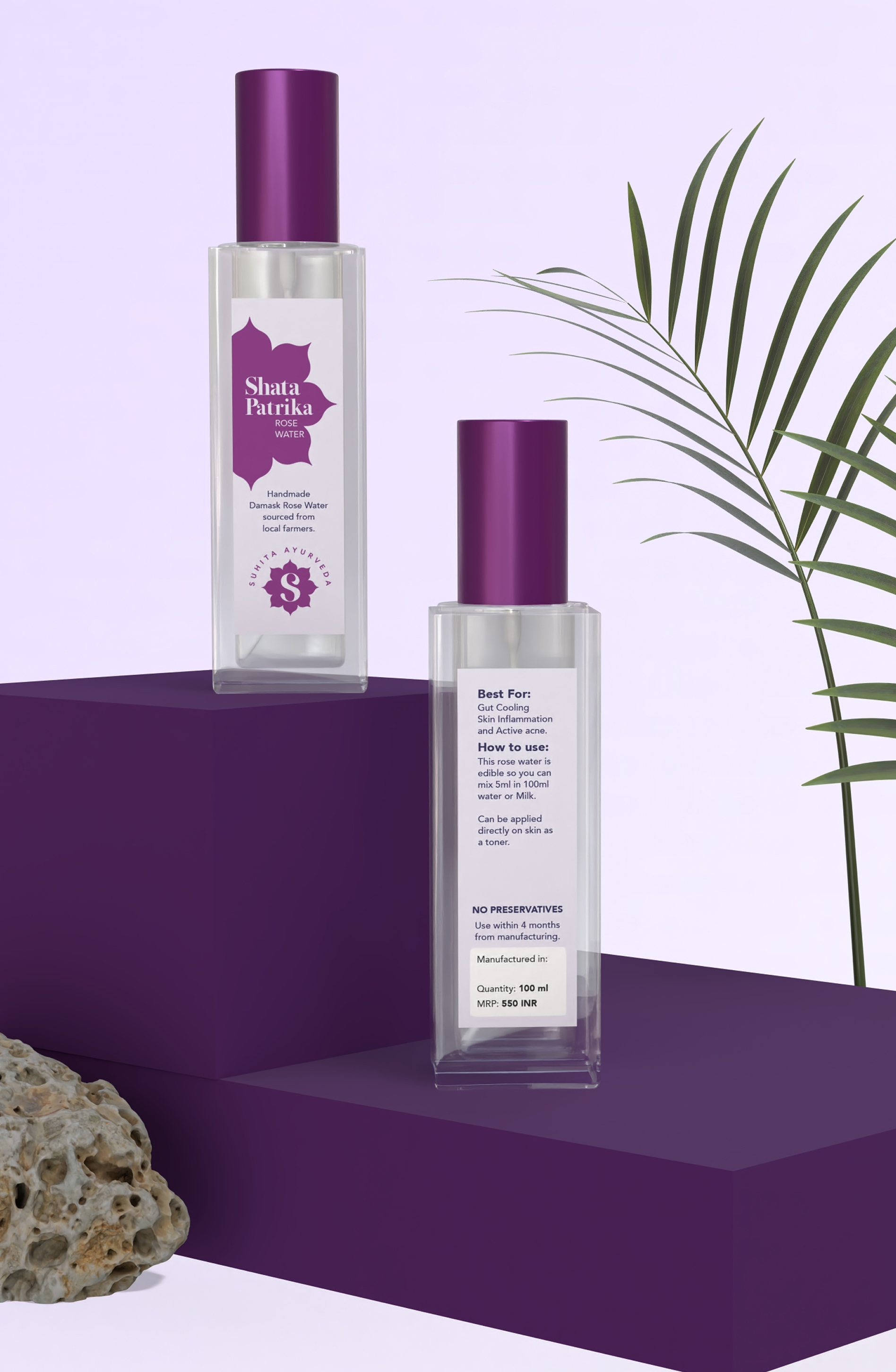 Minimal product photography of Suhita Ayurveda hair oil bottles styled for premium wellness branding.