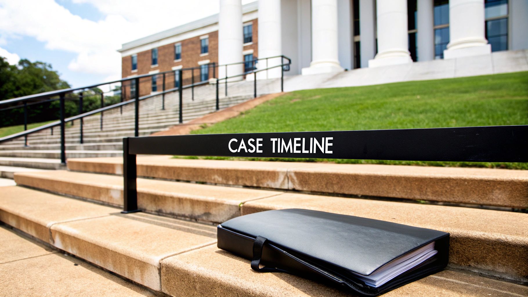 A black portfolio lies on stone steps, with a 'CASE TIMELINE' sign and a courthouse in the background.
