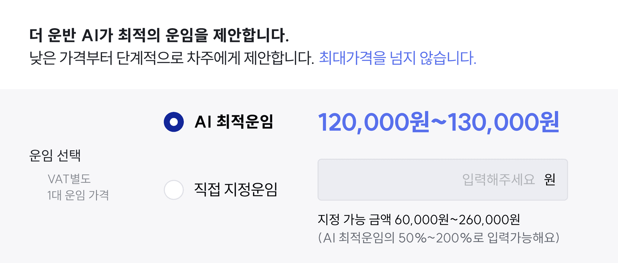 CJ대한통운 더 운반의 AI Pricing 기능을 소개하는 이미지로, AI가 산출한 최적 운임 범위(120,000원~130,000원)와 직접 지정운임 입력 옵션이 화면에 표시되어 있습니다. 운송 주문 시 AI가 최적 운임을 자동 제안하여 최대가격을 초과하지 않는 합리적인 운임 설정이 가능함을 안내합니다.