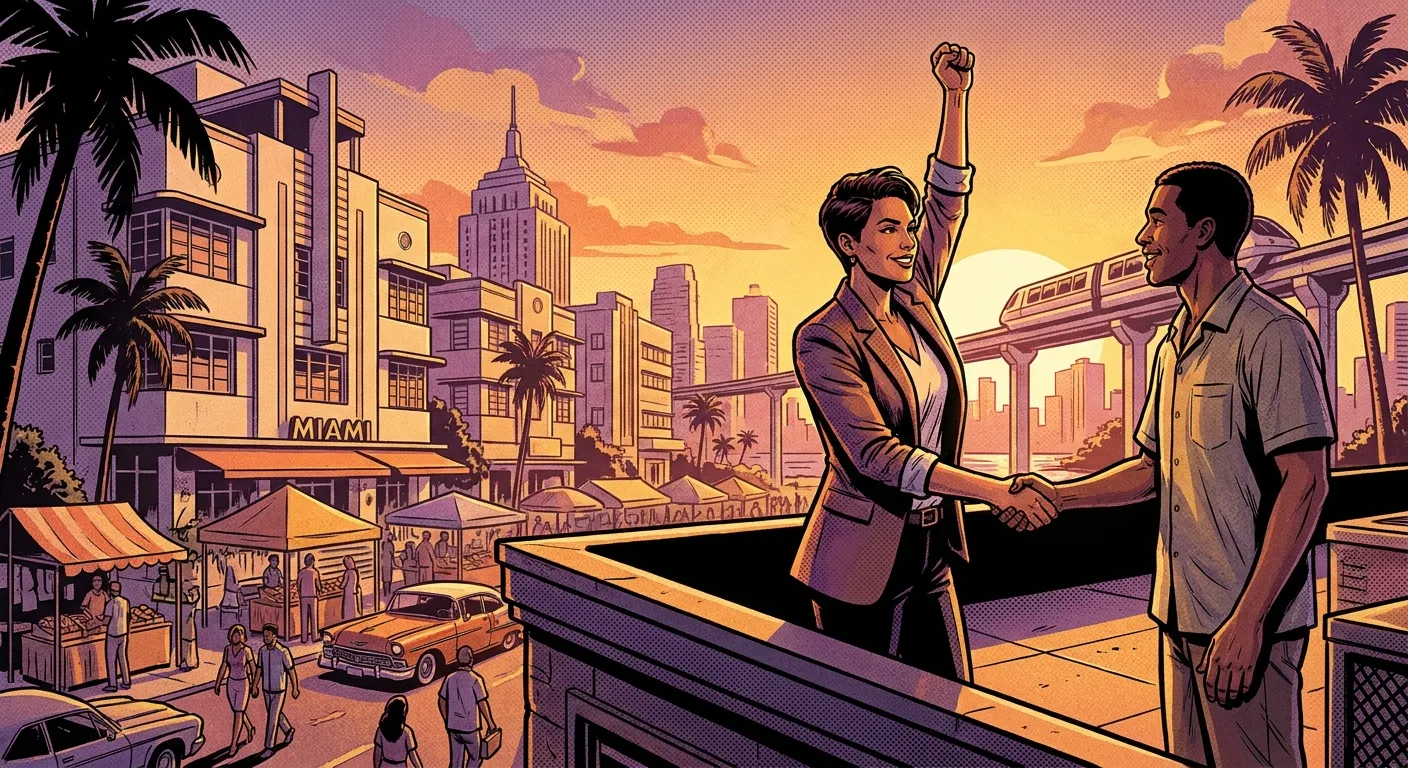 Woman celebrating, shaking hands on rooftop at sunset. RockN' Socials, Digital Marketing Agency.