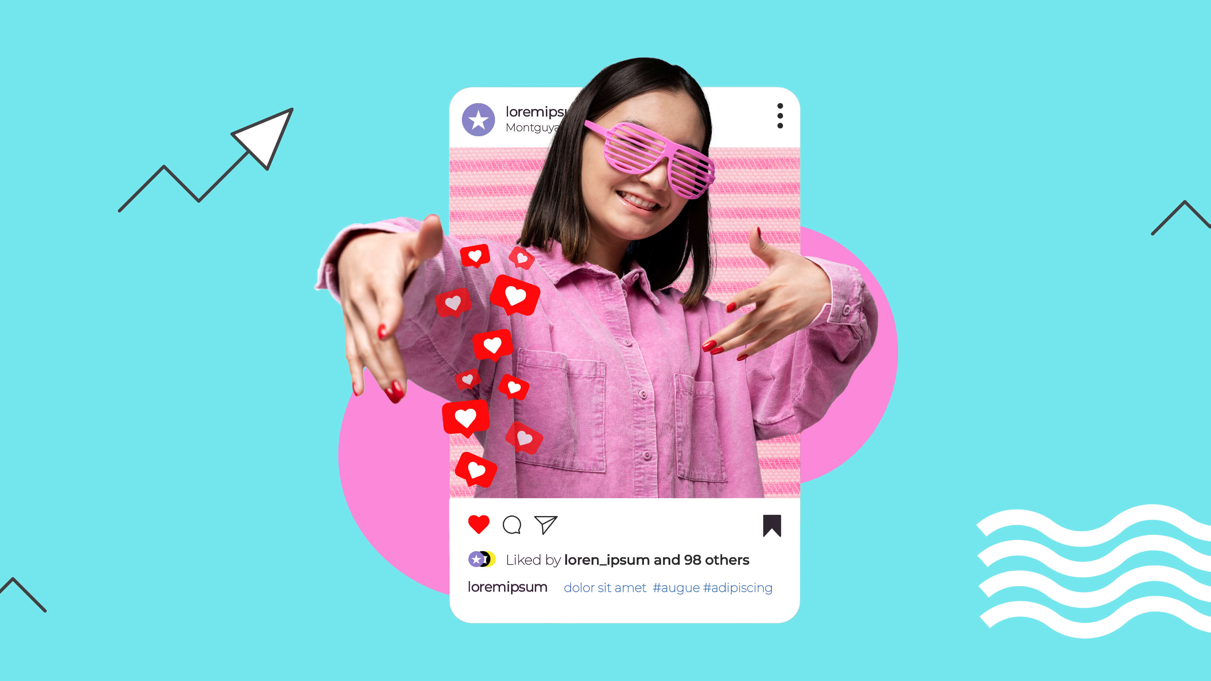 Woman in purple dress coming out of a Instagram Frame.