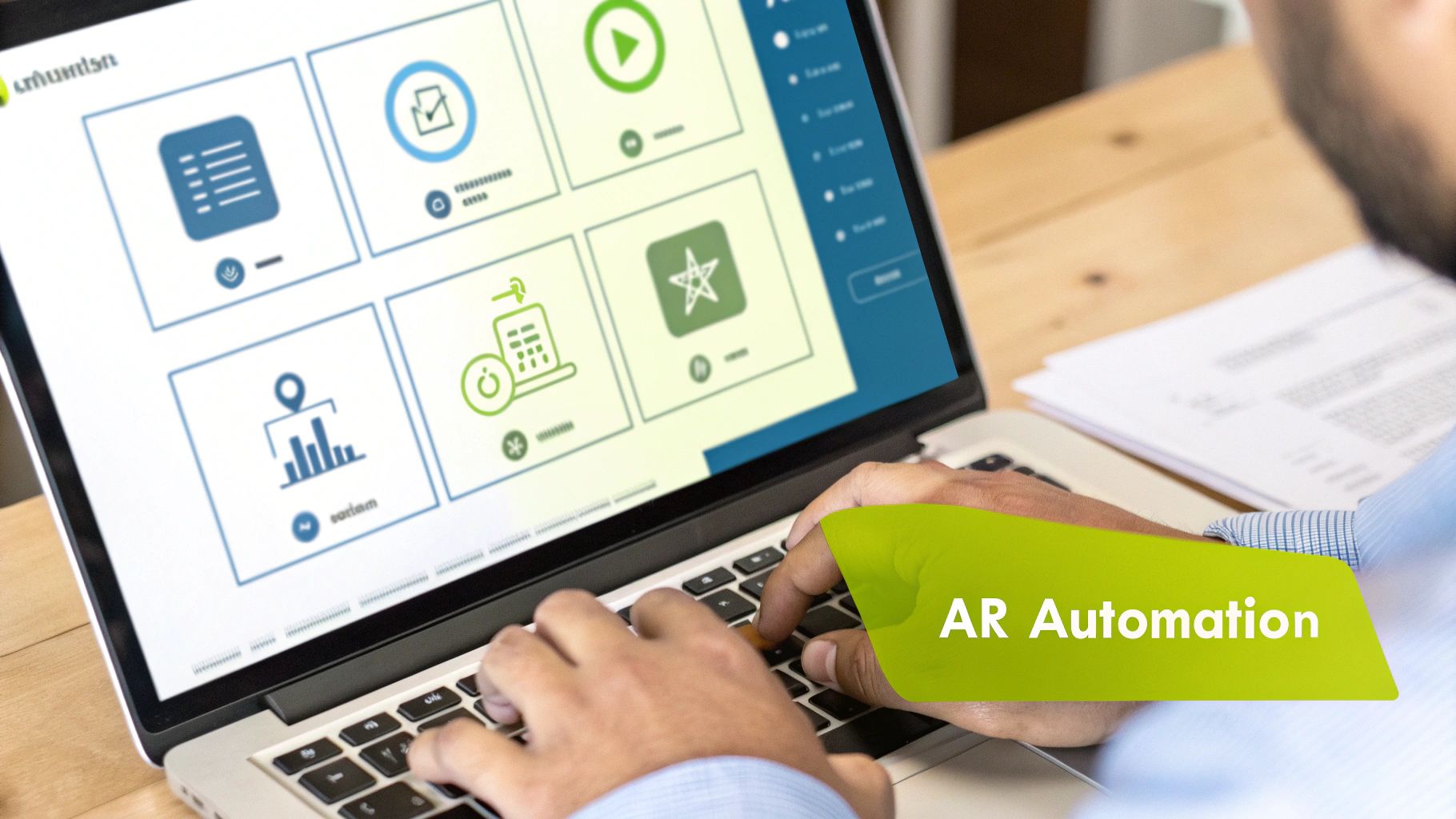 A professional working on a laptop with an AR Automation dashboard visible.