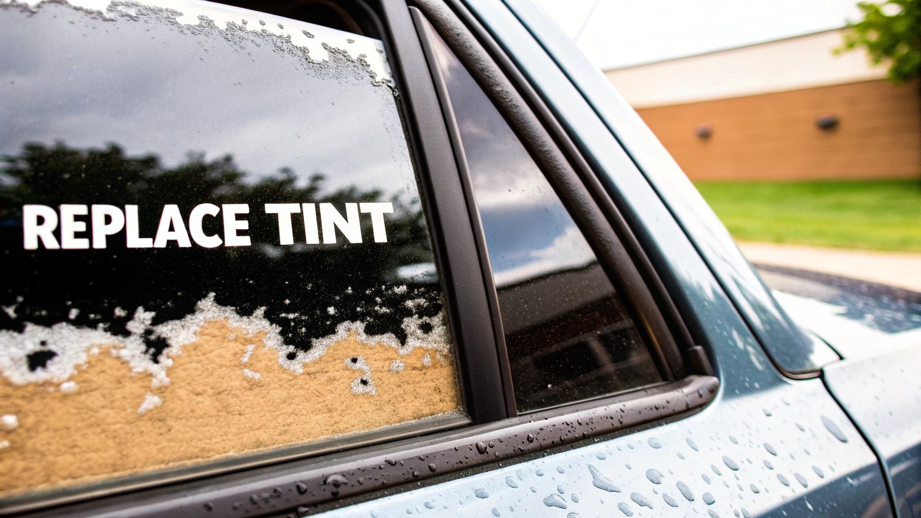 A car window with badly peeling and bubbling window tint, showing a sticker that reads