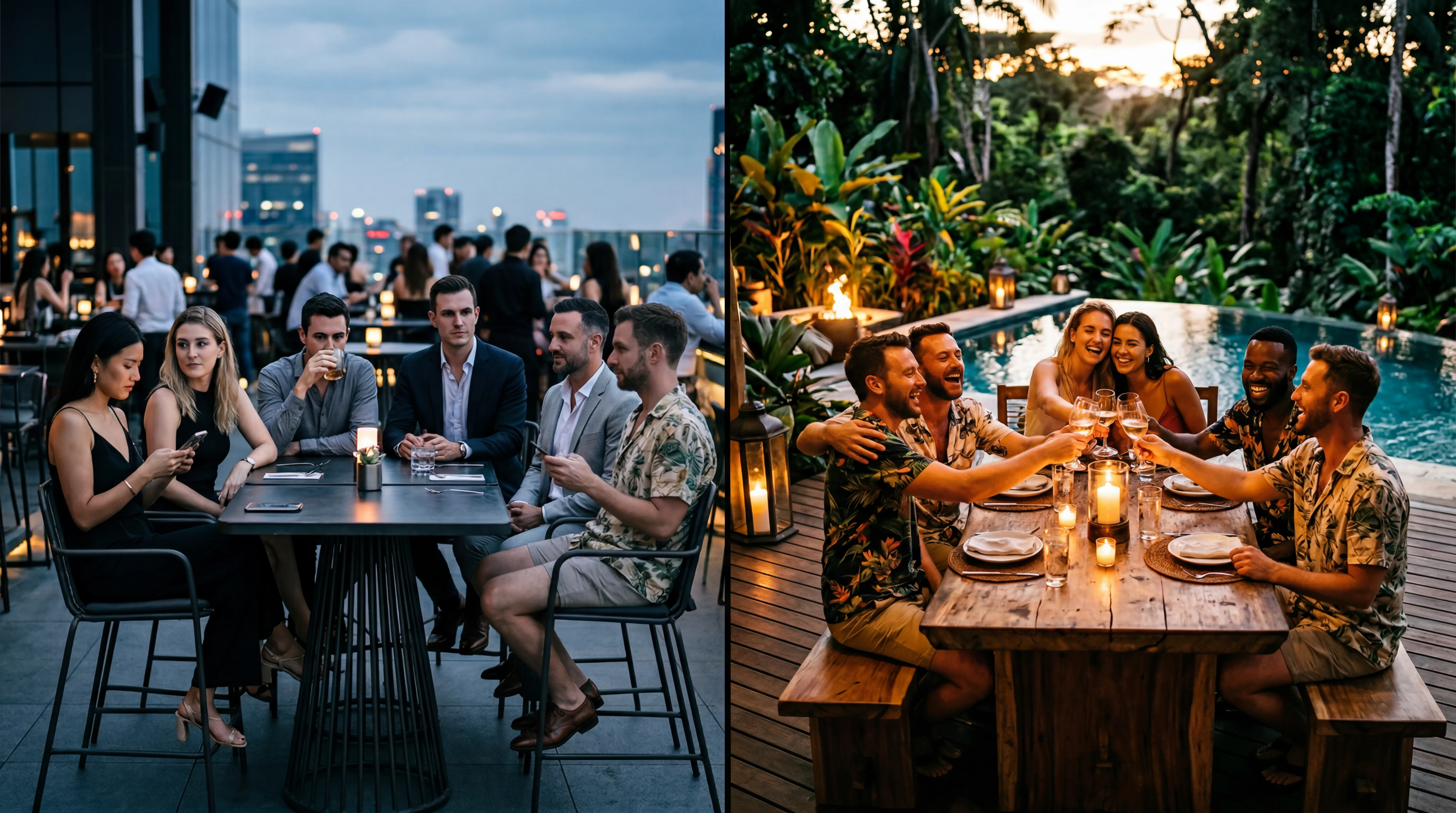 LGBTQ+ friend group split between a restrained urban resort scene and a joyful private jungle villa celebration at Vivara Costa Rica