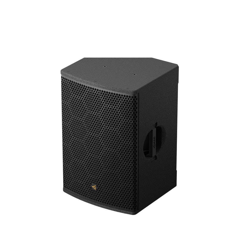 Black PA speaker on white background.
