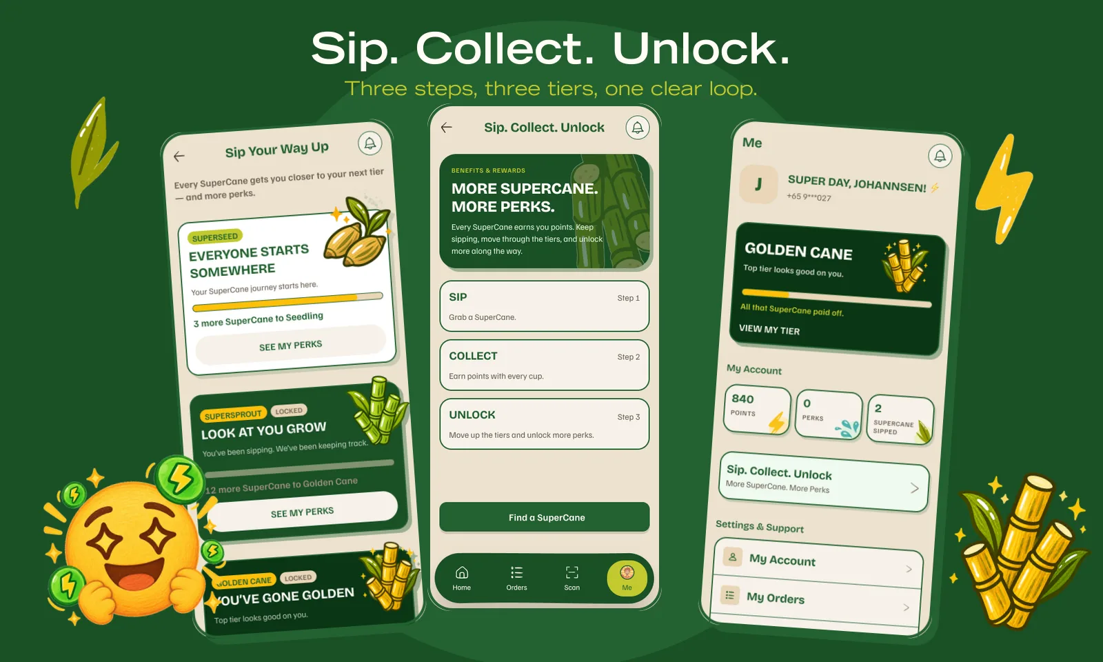 Membership Tiers, Sip Collect Unlock and Me screens showing the tier system