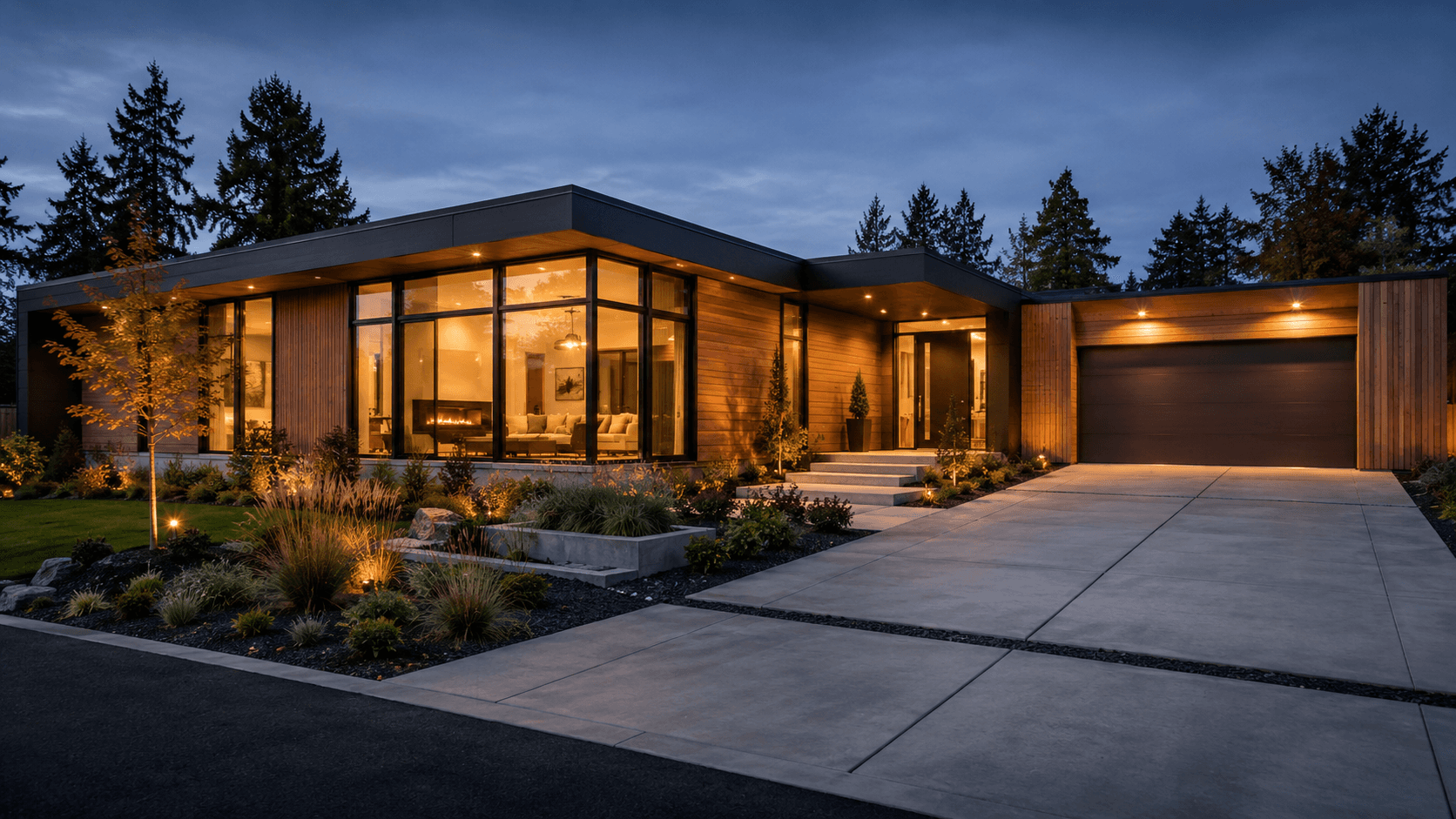 Exterior of a completed modern modular home at dusk with warm interior lighting glowing through floor-to-ceiling windows and clean architectural lines.