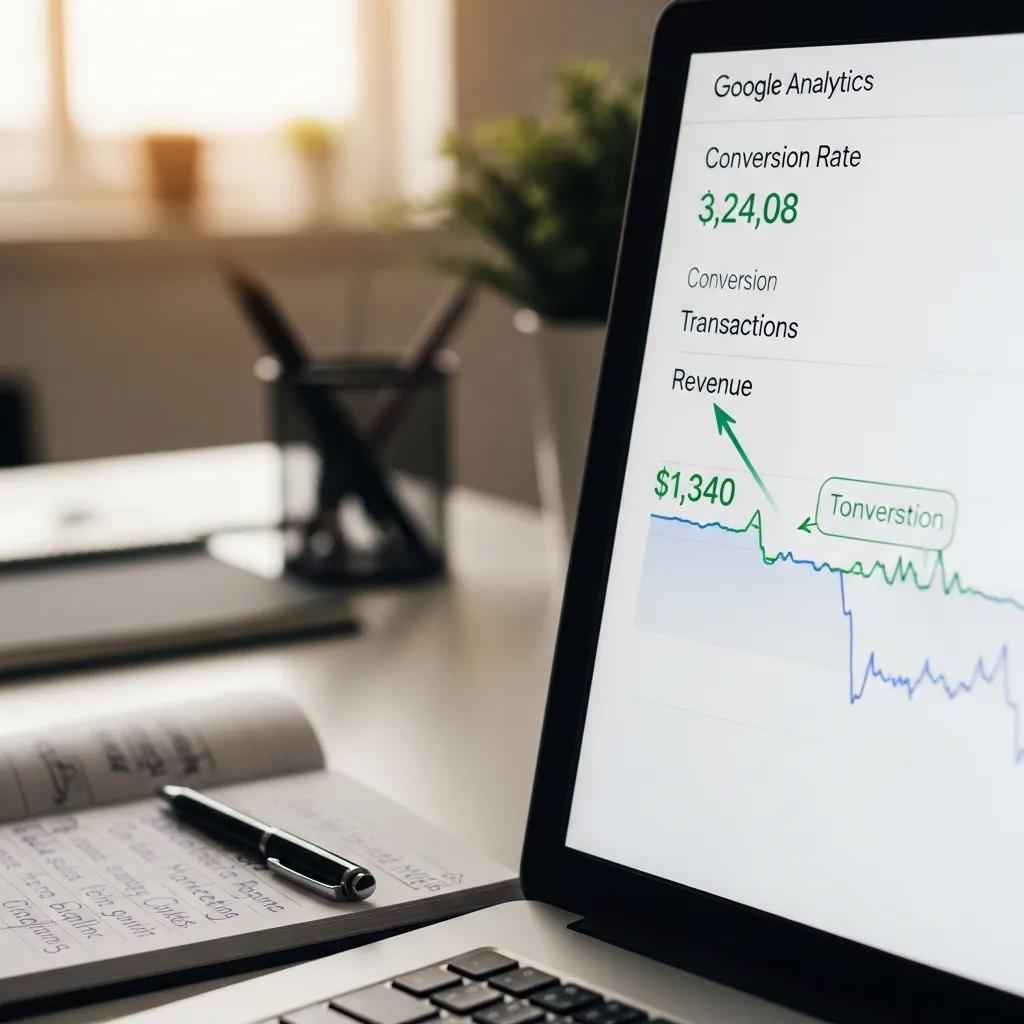 Computer screen displaying Google Analytics conversion metrics in a professional workspace