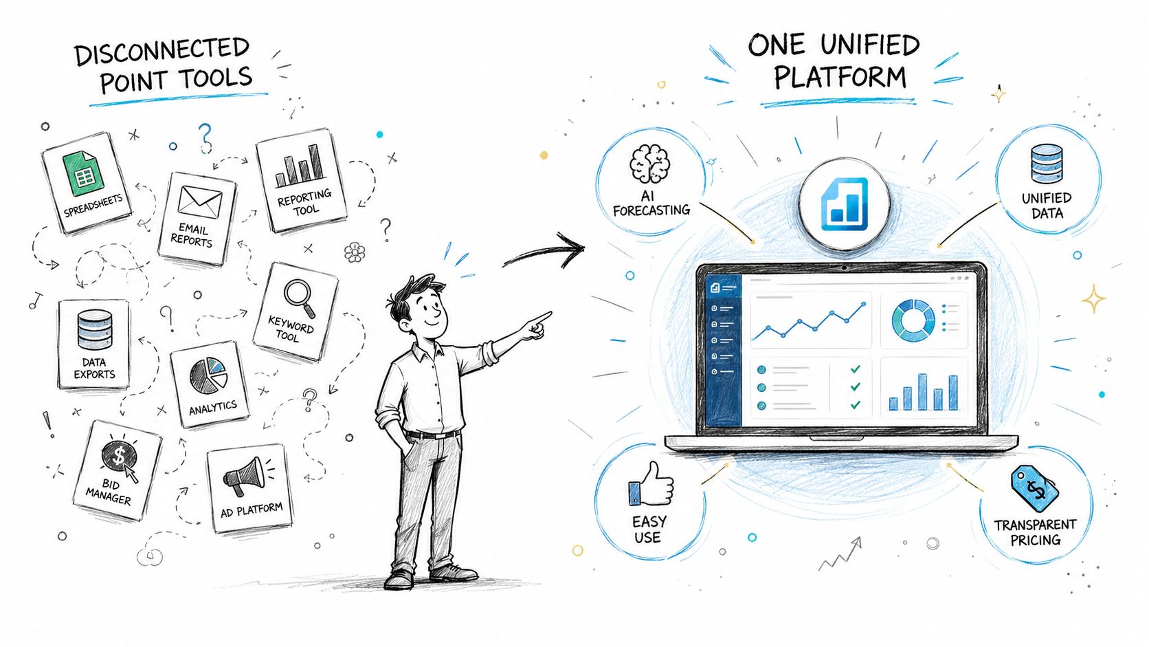 A cartoon illustration showing the transition from disconnected business point tools to a single unified dashboard platform.