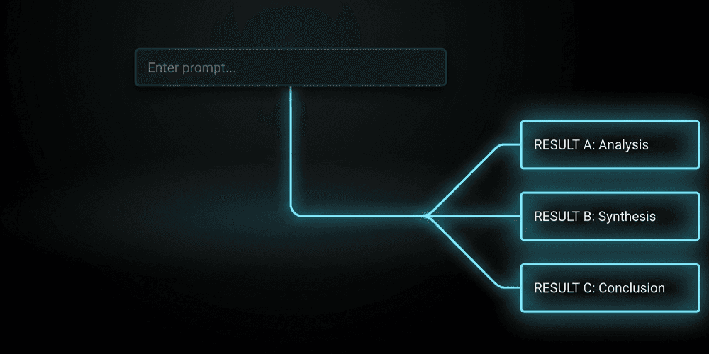 A minimal dark UI featuring a centered search bar with a thin neon green line branching into three structured result blocks.