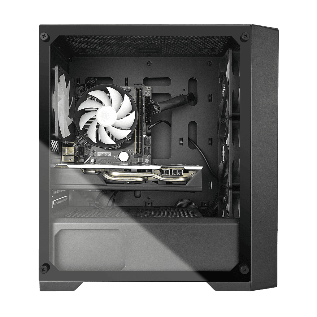 Minimalist black gaming PC case with a side panel removed, showcasing the internal components including a white cooling fan, GPU, and compact layout. Ideal for high-performance gaming setups in 2023, perfect for gamers seeking sleek and functional designs.