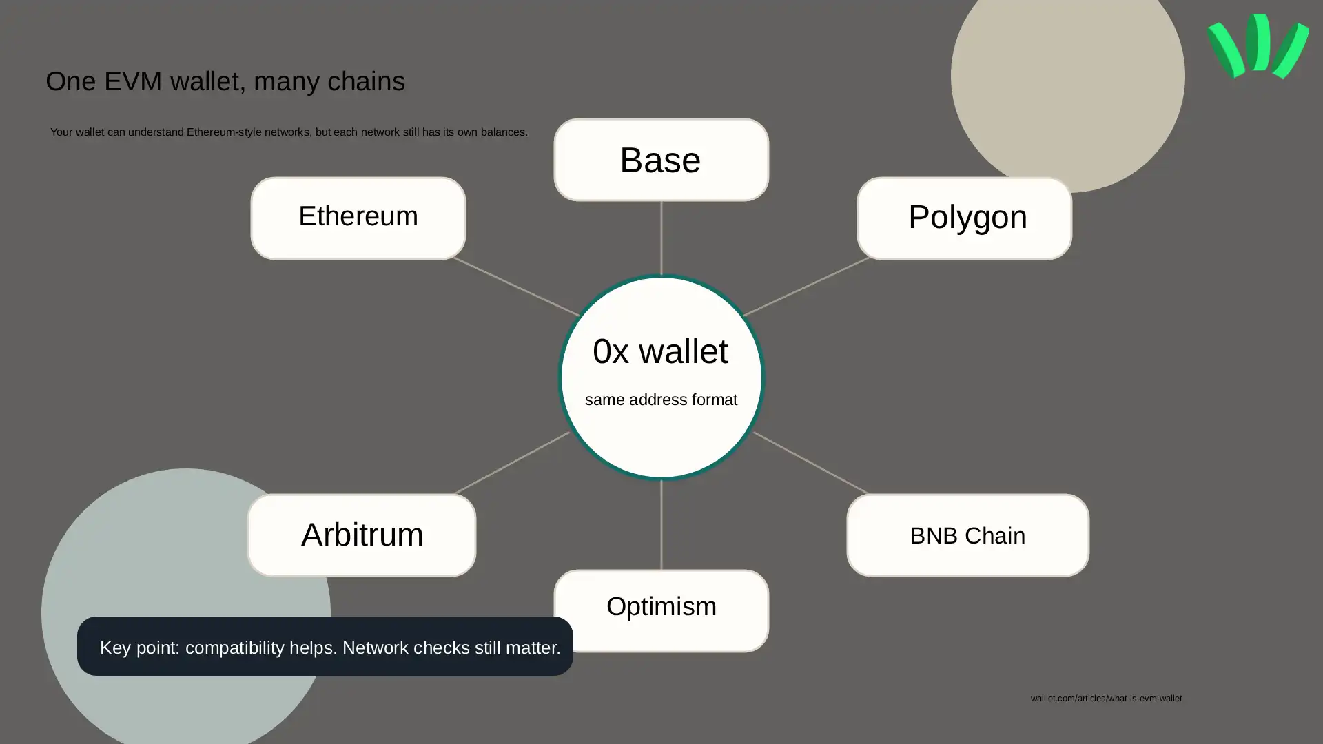 Checklist visual showing five safety checks before signing in an EVM wallet: network, approval, small test, separate risky apps, and recovery.