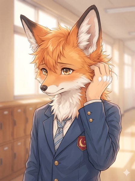 Shy fox Furry femboy pfp fixing his ear fluff.