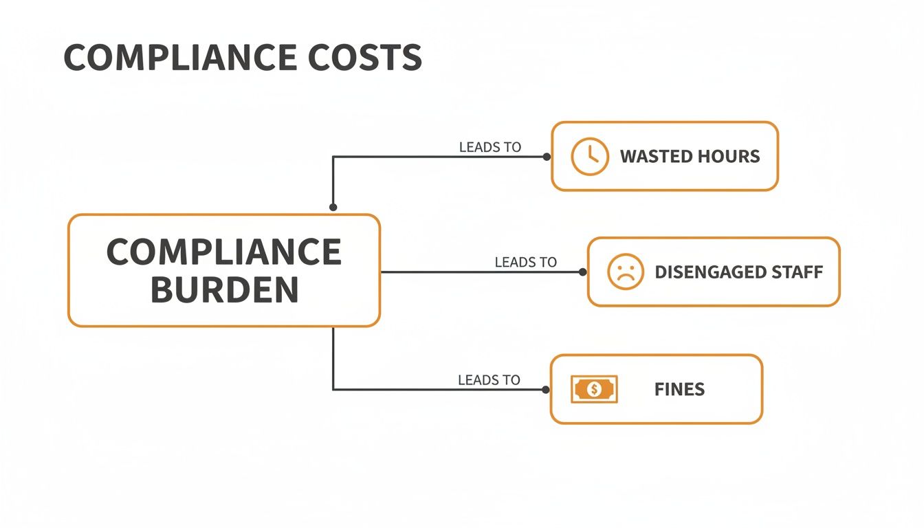 A flowchart titled 'Compliance Costs' shows compliance burden leading to wasted hours, disengaged staff, and fines.