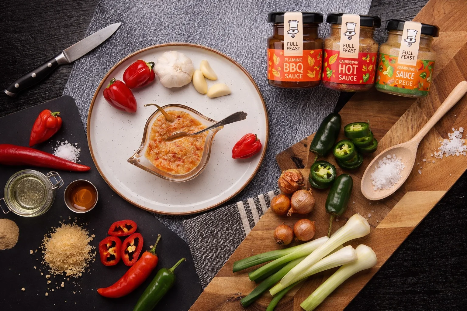 Full Feast Spicy Discovery Trio — Flaming BBQ Sauce, Caribbean Hot Sauce and Sauce Creole jars with red chilli, garlic, jalapeños, spring onion and salt on a dark wood and chopping board flat lay